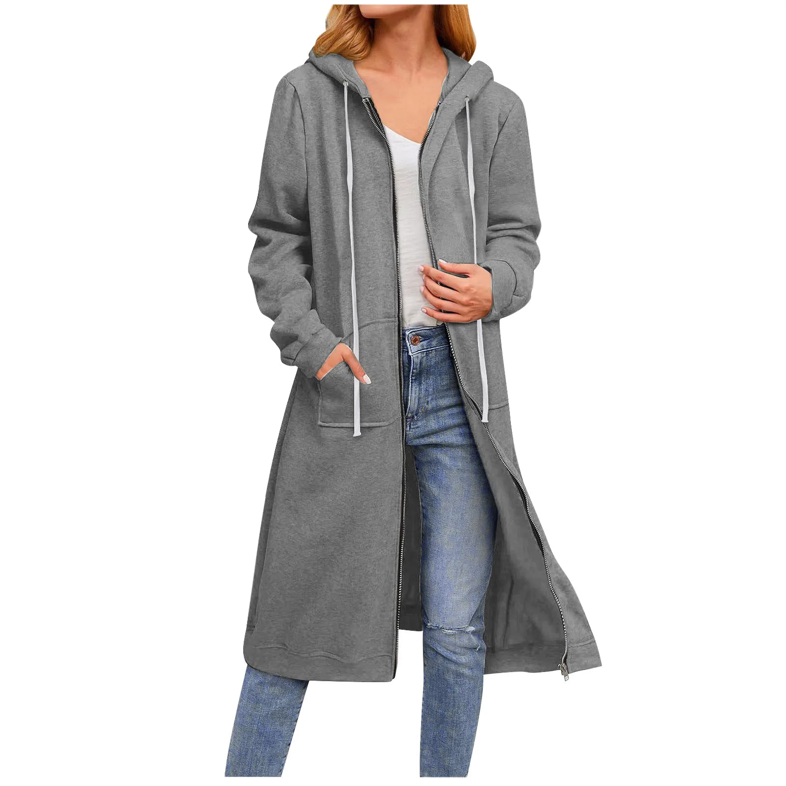 New women\'s Europe and the United States in the fall and winter new pure color loose zipper long section hooded jacket female