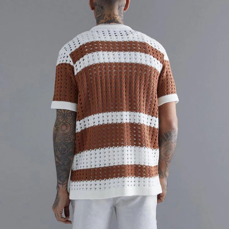 Fashion Striped Patchwork Men\'s Knit Shirts 2023 Summer Short Sleeve Turndown Collar Button Shirt Men Clothes Casual Knitted Top