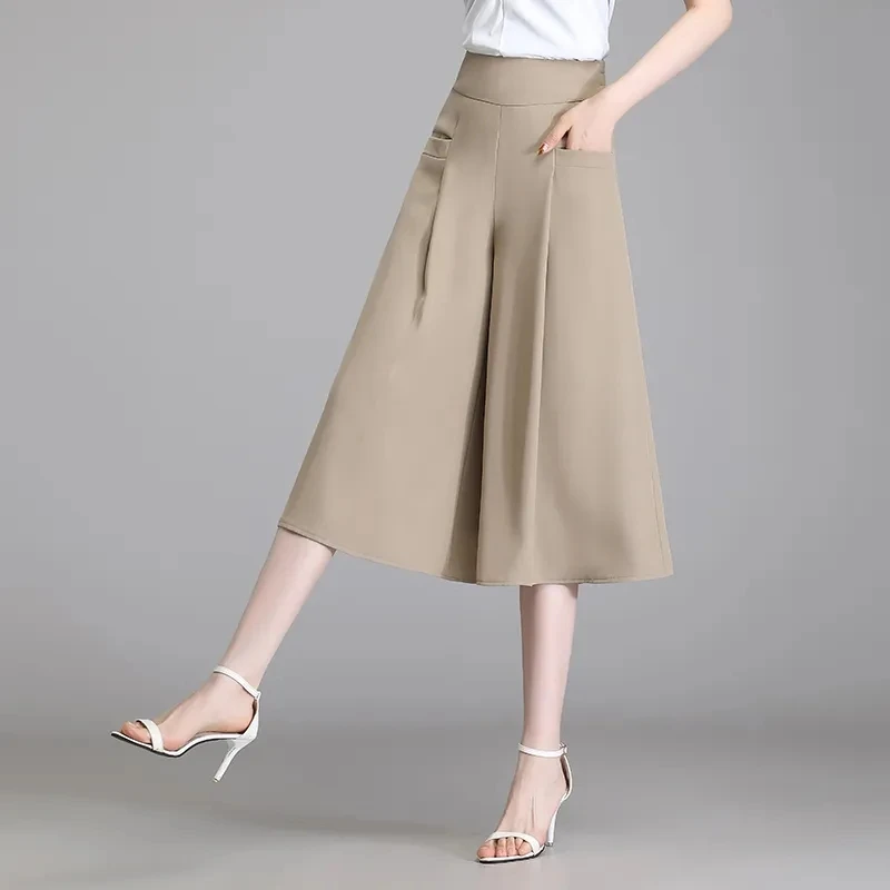 

Summer Casual Solid Color High Waist Wide Leg Pants Women Clothes Temperament Patchwork Chiffon Loose Trousers Ladies Pantalones