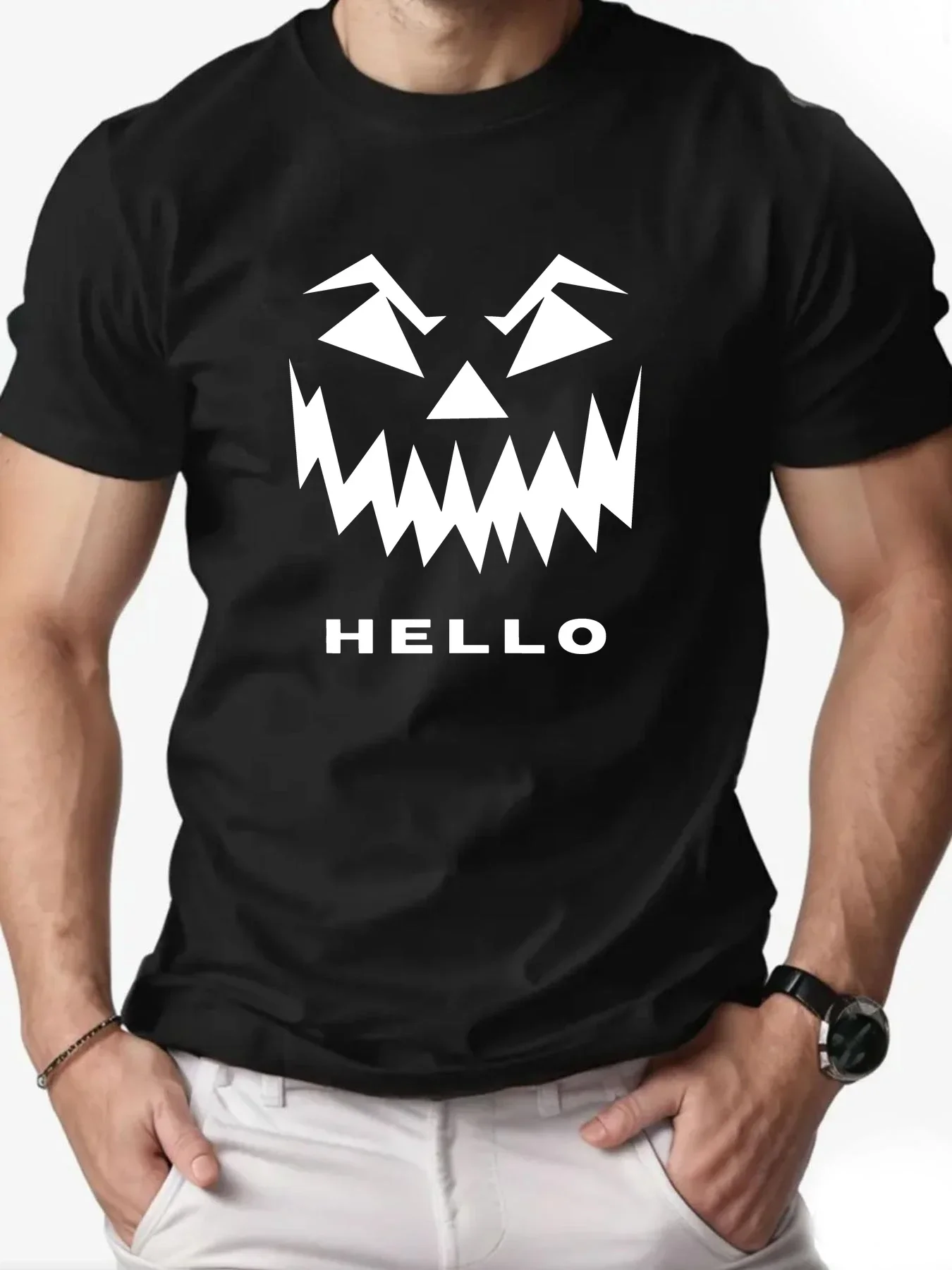 Pop 2025 Summer Men T-shirt Short Sleeve 100% Cotton Breathable Round Neck Hello English Print Hip Hop Streetwear Casual Custom