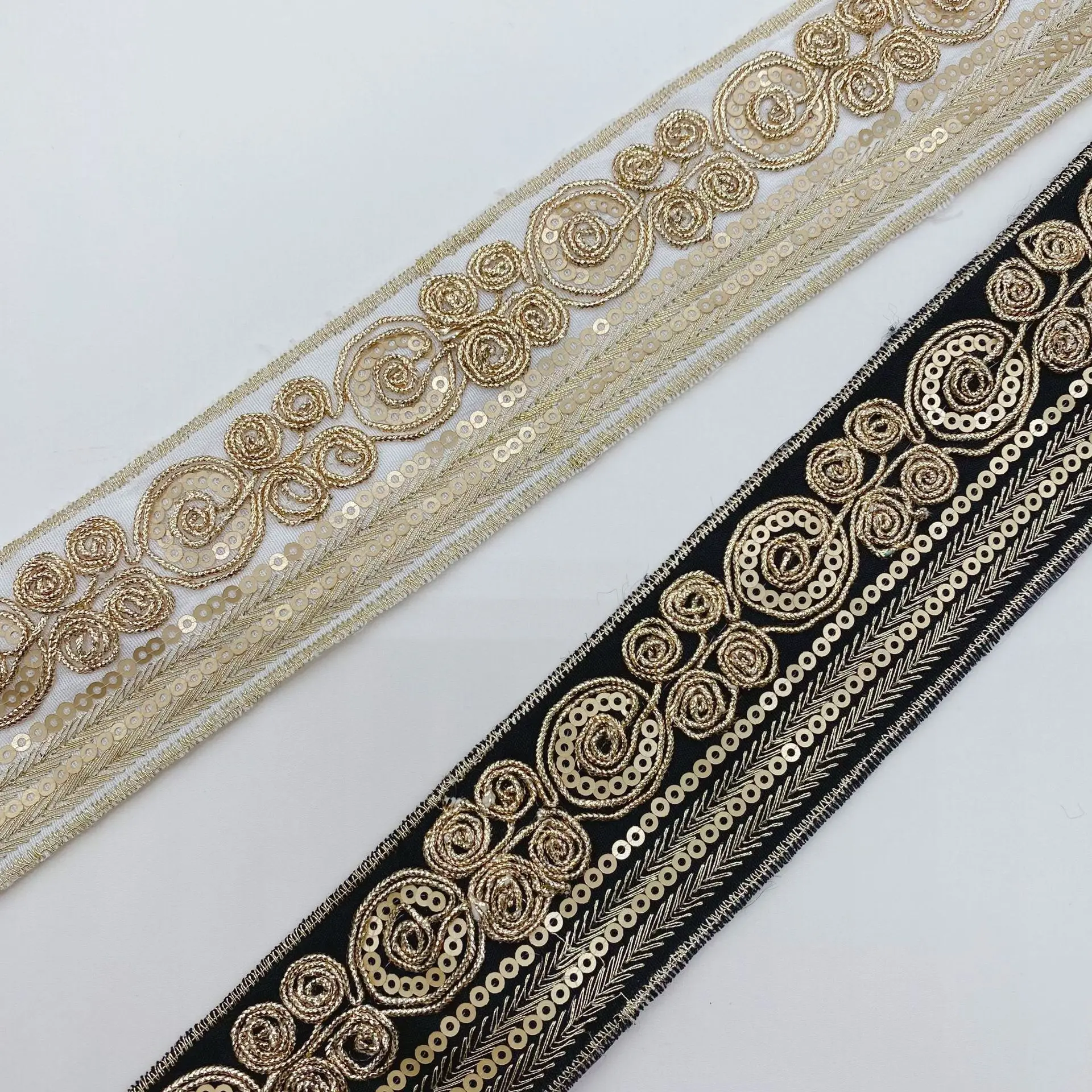 2y Retro Coffee Black Trim High End Golden Embroidered Webbing Indian Lace Sewing Ribbons Clothing Decorative Sequins Lace Trim