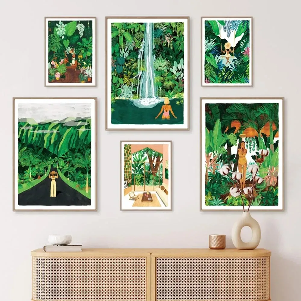 (1pc frameless)Green Botanical Porch Summer Shower Waterfall Wall Art Canvas Painting Nordic Poster Print Picture For Living