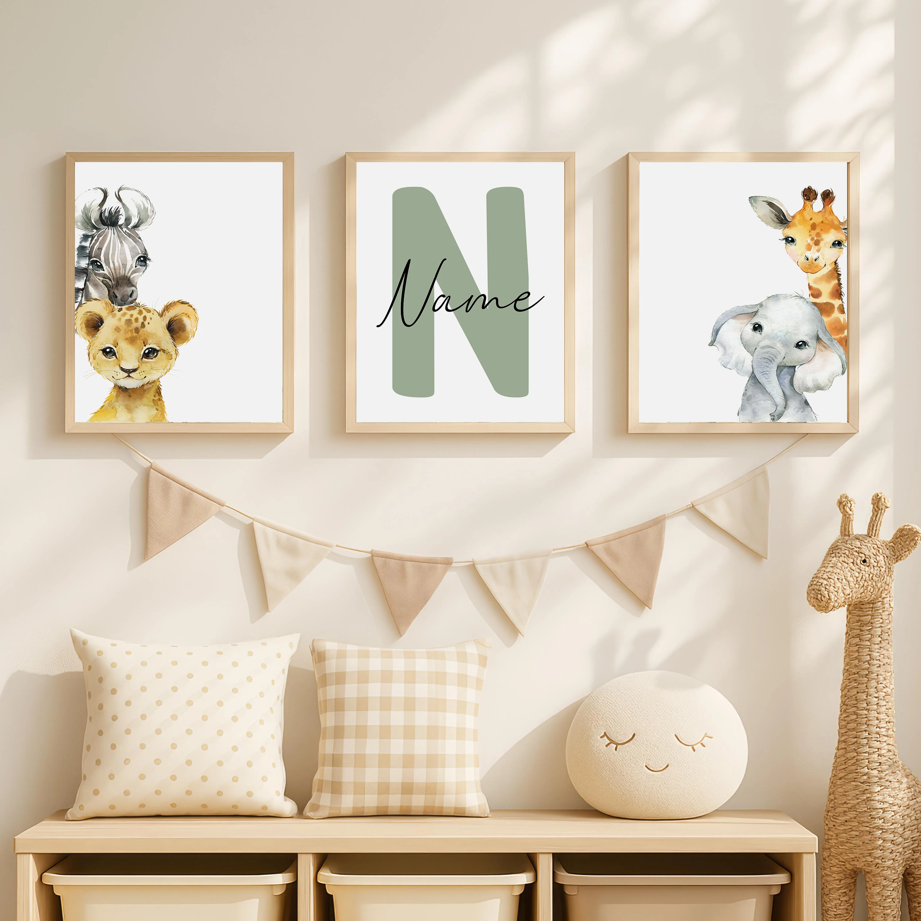 Custom Set of 3 Safari Animal Nursery Decor Wall Art Print Personalized name Jungle Animal Lion Elephant Giraffe Zebra decor