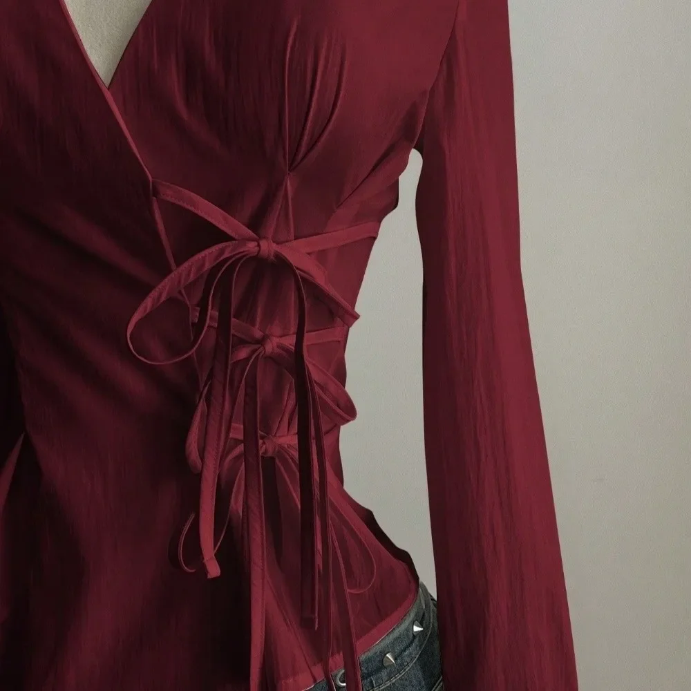 Sweet Long-sleeved Slim Fit Shirt V-neck Y2K Women Tie-Waist Shirt Harajuku Office Aesthetic Blouse Spring Summer
