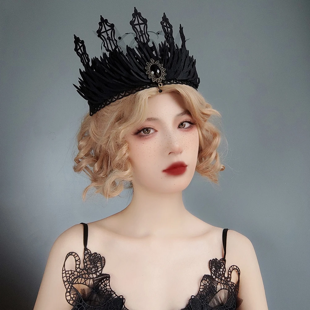 

2Pcs Gothic Vintage Tiara Headband for Women Halloween Wedding Retro Hair Accessories Queen Crown Costumes Black Fabric