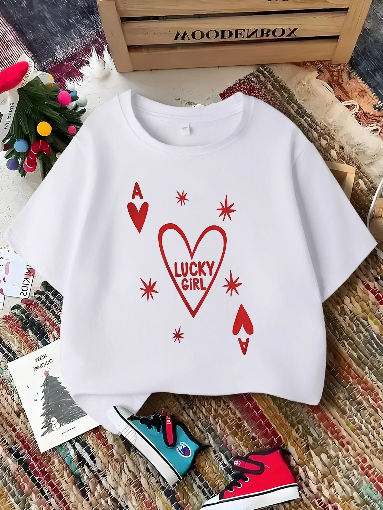 Heart Ace Lucky Girl Print Kid Tee Boys Girls Family Matching Short Sleeve Breathable Soft Casual Daily Parent Child Comfort Top