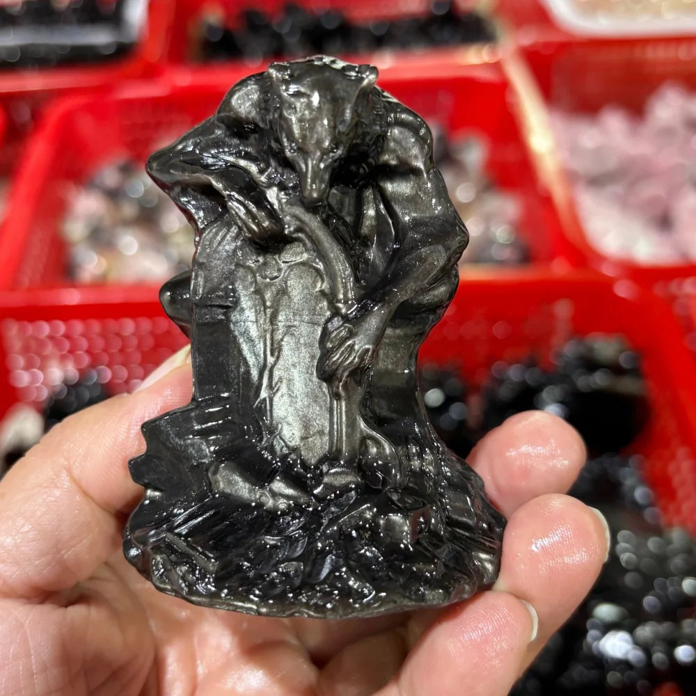 Natural Silver Sheen Obsidian Werewolf Figurine Hand Carved Crystal Wolf Man Statue Healing Stone Home Halloween Desk Decor Gift