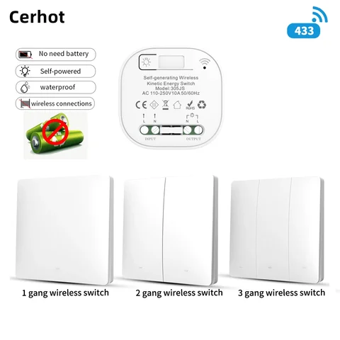 Cerhot RF433 배터리가없는 자체 전원 무선 스위치 원격 제어 버튼 벽 조명 스위치 가정용 방수 스위치