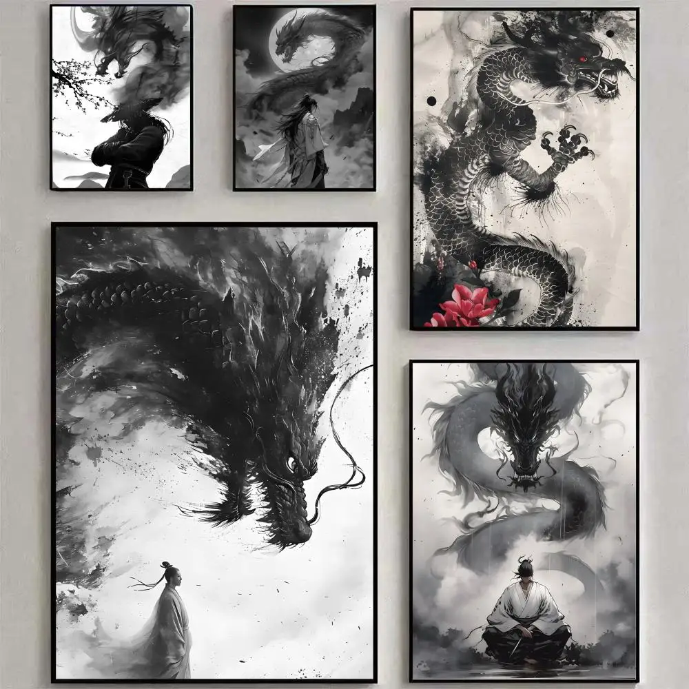1PC--Ink Style Dragon Shadow Poster Fancy Wallart Sticker for Living Room Bar Aesthetic Painting Decoration Room Wall Decor