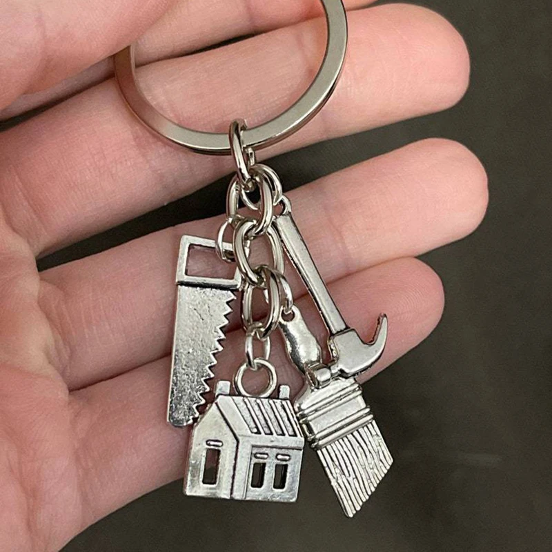 Saw Hammer House Brush Key Chain Construction Tools House Key Chain Creative Housewarming Gift