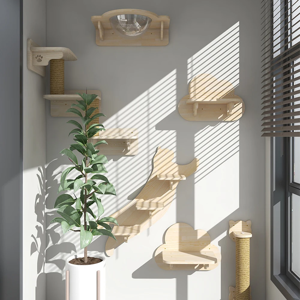 Cat Climbing Shelves Wall Mounted Cat Hammock and Steps Walking Jumping Platform for Wooden Furniture Kitty Playing and Sleeping