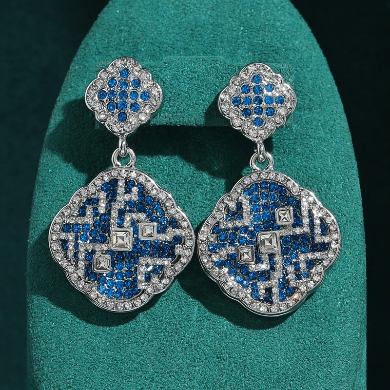 

Vintage Sea Blue Rhinestones Crystals Drop Earrings Square Pendant High Quality Luxury Dubai Jewelry 2025 Valentine Day Gift