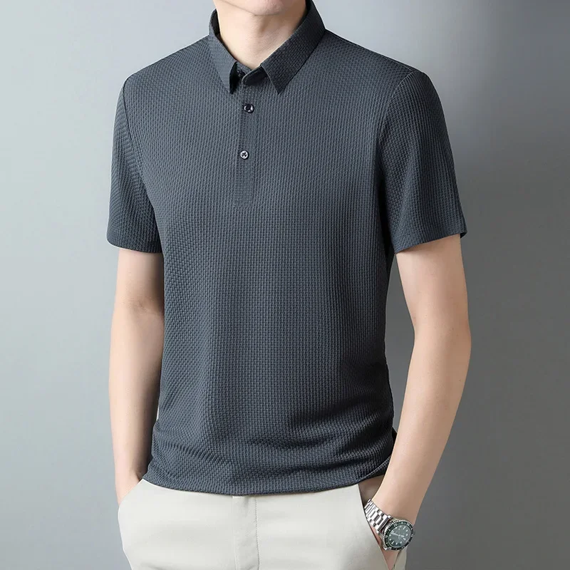 Summer Ice Silk Polo Shirts Men Turn-Down Collar Polo t-Shirts Fashion Casual Tee Shirt Breathable Soild Formal Top Man Clothing image 2