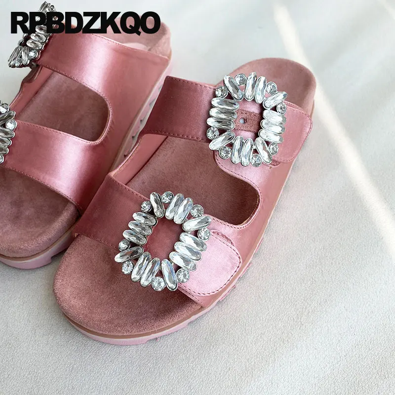 Sandals Slipper Jewel Diamond Rhinestone Slides Famous Brand Flat Crystal Burgundy Satin Designer Shoes Women Luxury 2021 Silver