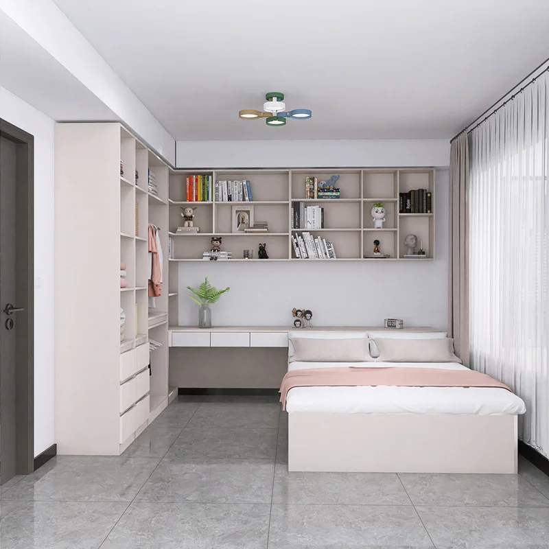 Modern Minimalist Bedroom Set with Integrated Tatami Cabinet Bed Box Desk for Home or School Use Equipped with Storage Space