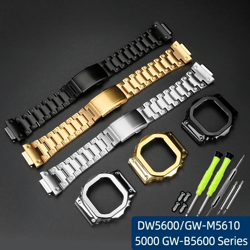 DW5600 GWM5610 G5600E GW5000 Metal Bezel Stainless Steel Watchband Strap GWB5600 WtachCase Accessories WithTools