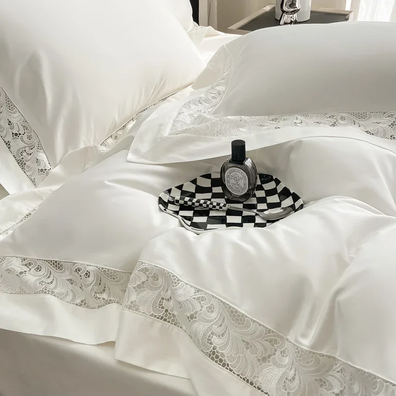 Luxury Hollow Lace Wide Embroidery 1200TC Egyptian Cotton 4Pcs Bedding Set Duvet Cover Set Flat/Fitted Bed Sheet Pillowcases
