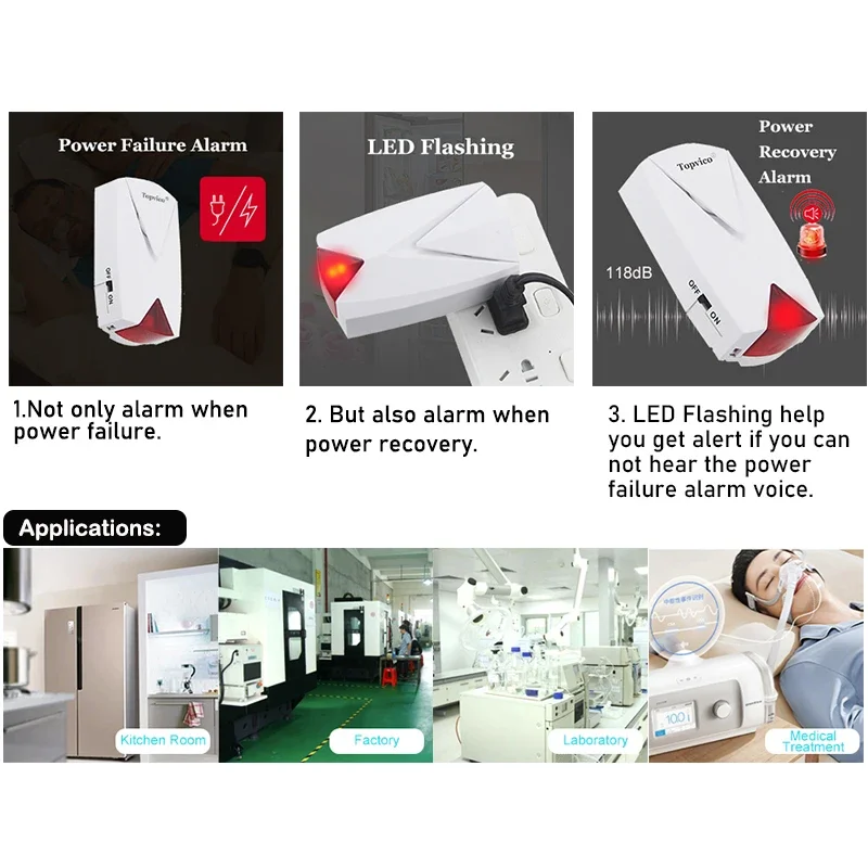 감지기 경고 100V - 220V 냉동고/의료 정전 센서 118dB 시끄러운 사이렌 (LED 포함), 2 개