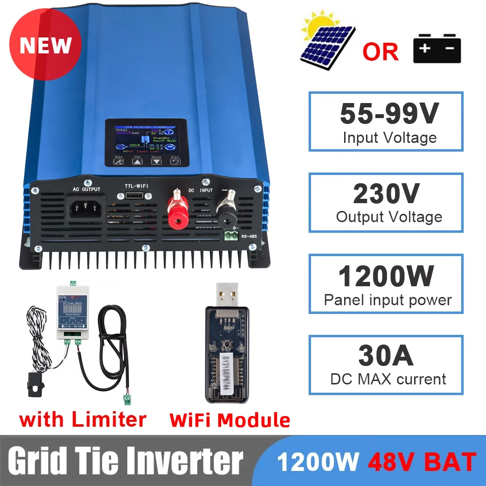 Y&H 1200W 1000W Grid Tie Inverter met Limiter Zuivere Sinus Omvormer Batterij Ontlading Modus Ingang 48V/24V Optioneel WiFi