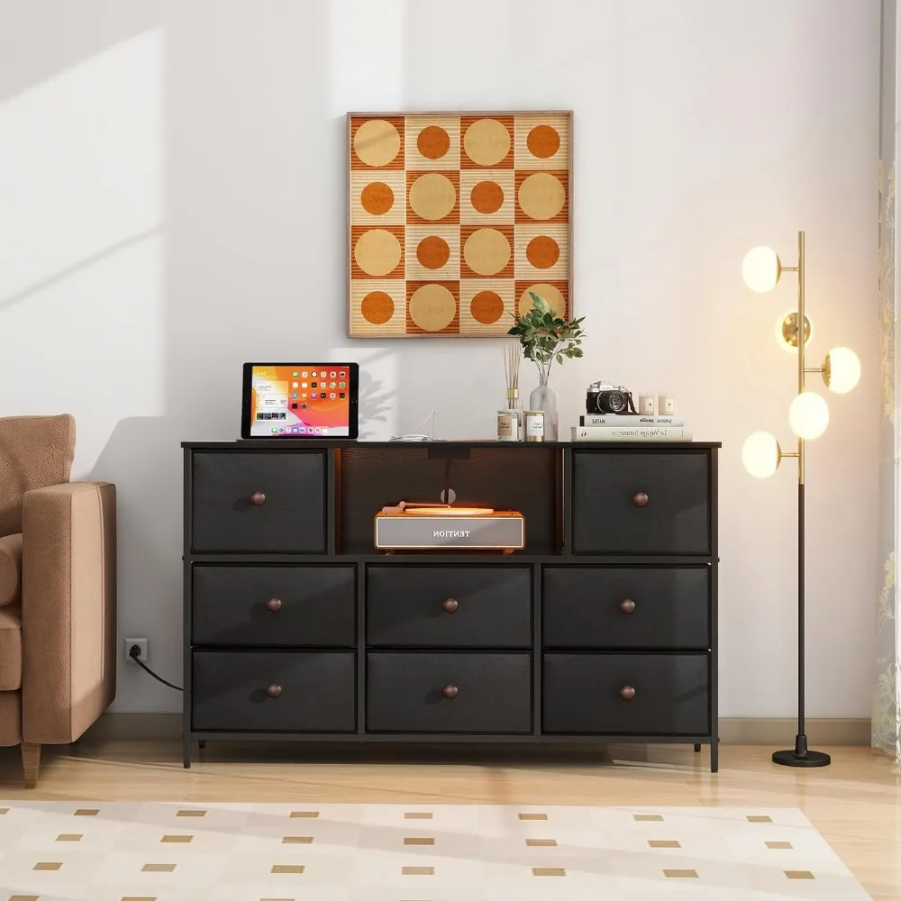 Dresser with Power Outlets and LED Lights, Dresser TV Stand for with 8 Drawers, Fabric Chest of Drawers for Bedroom, Living Room