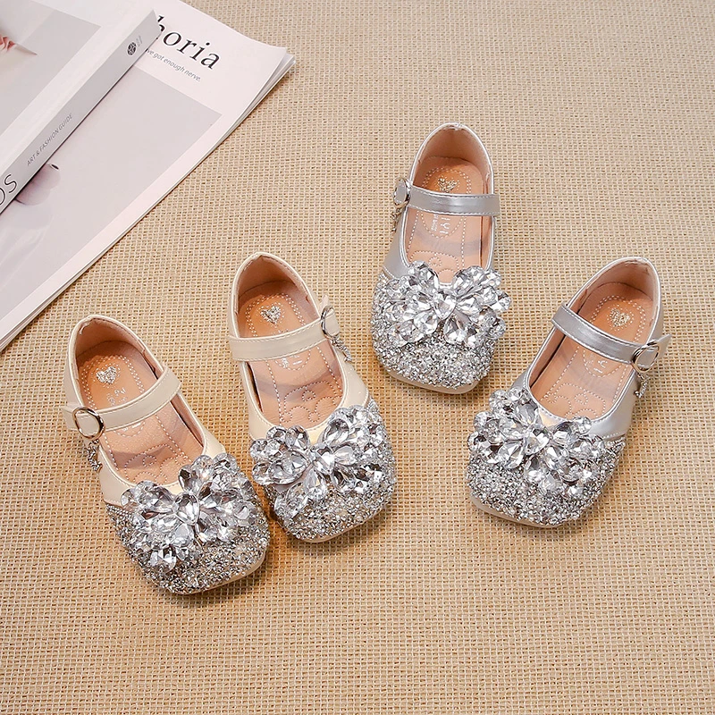 Girls Princess Leather Shoes Spring Autumn Rhinestone Luxury Kids Ballet Shoe Fashion Causal Children\'s Flats for Wedding Party