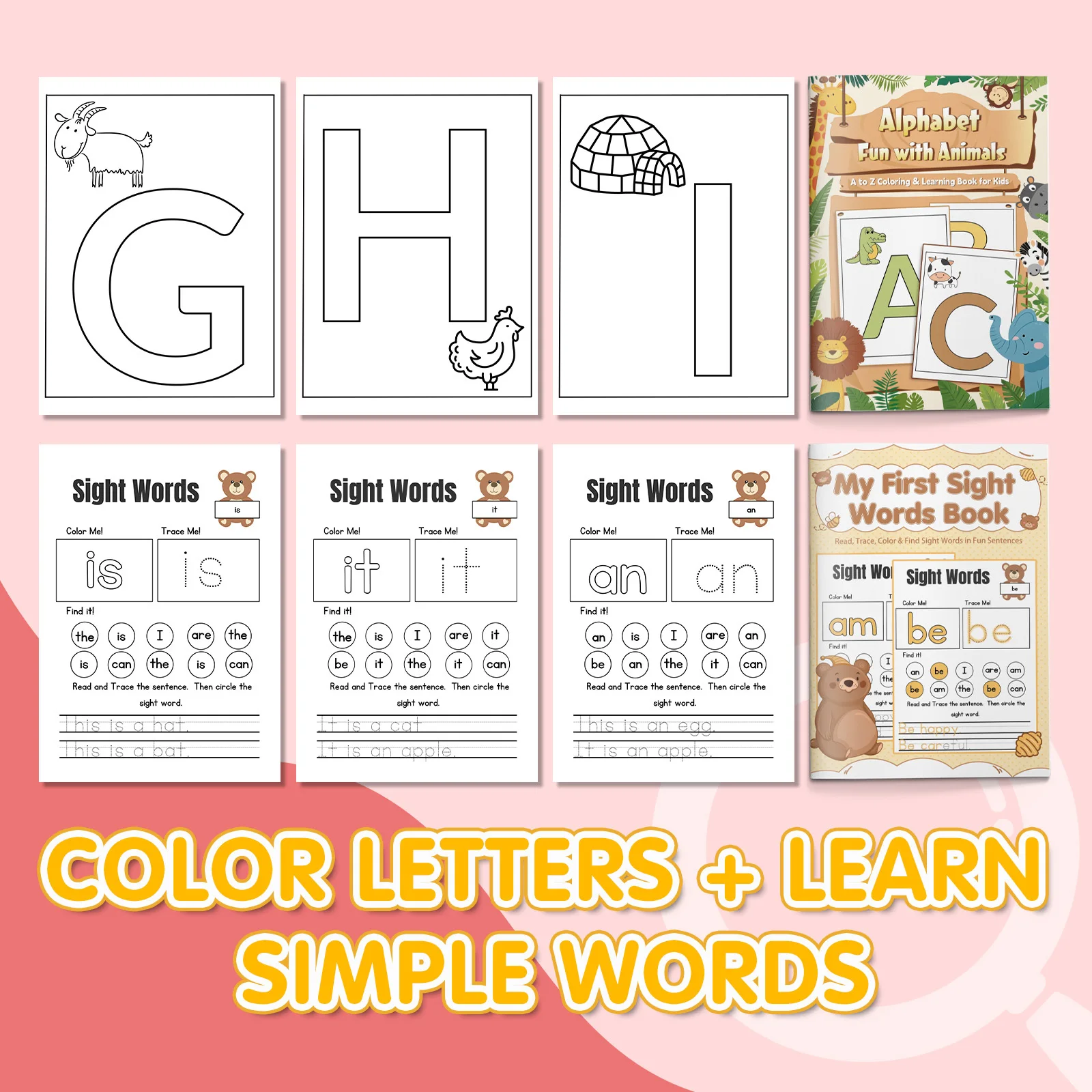 2-Pack Early Literacy Activity Set, Animal-Themed A–Z Letter Coloring plus First Sight Word Read, Trace