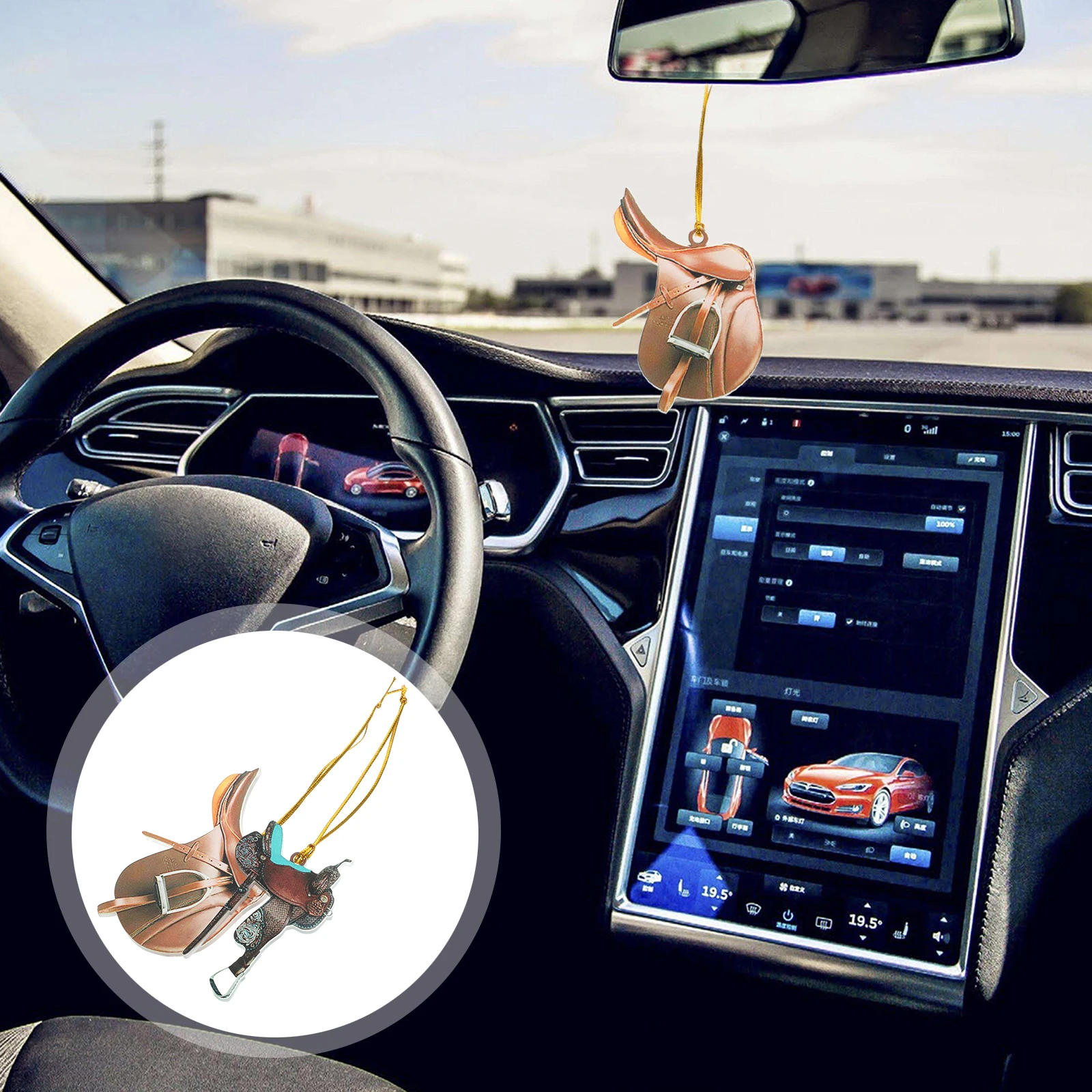 

2Pcs Horse Saddle Acrylic Pendant Car Hanging Ornament Western Style Rearview Mirror Decor Accessories Party DIY Decor