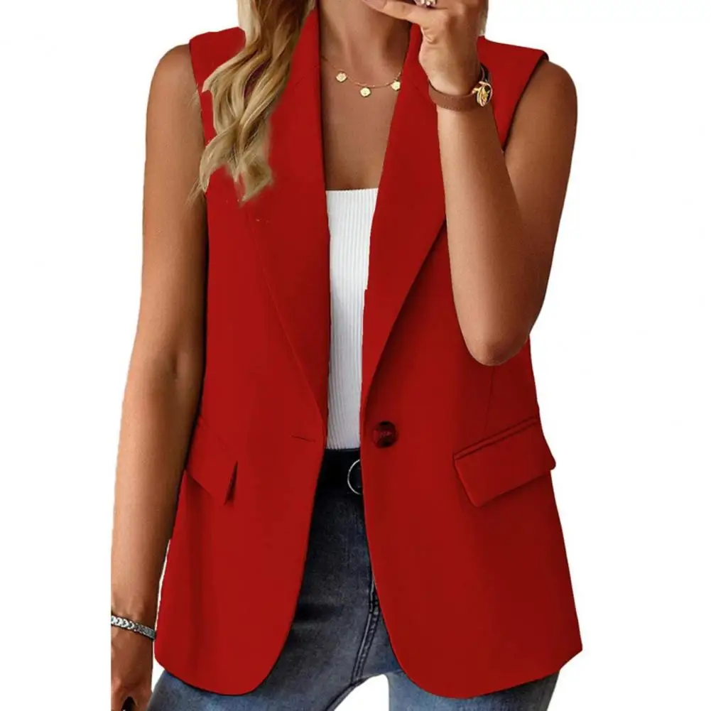 

Suit Vest Elegant Women's Sleeveless Waistcoat with Lapel Collar Flap Pockets Solid Color Single Button Vest Coat for Spring