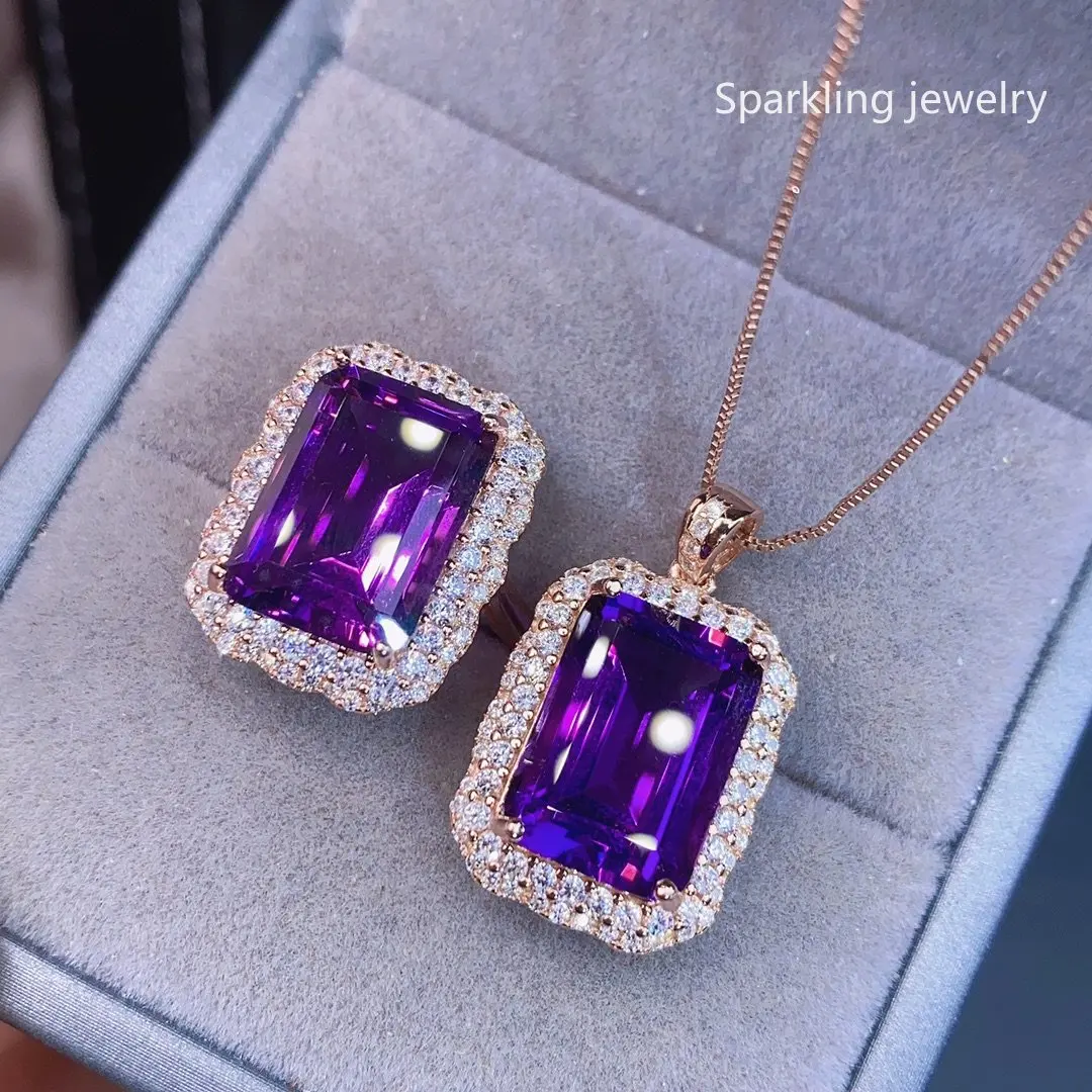 

Natural Amethyst Fine Jewelry Set Square Pendant Necklace Ring Sterling Silver 925 Engagement Wedding Party Gift