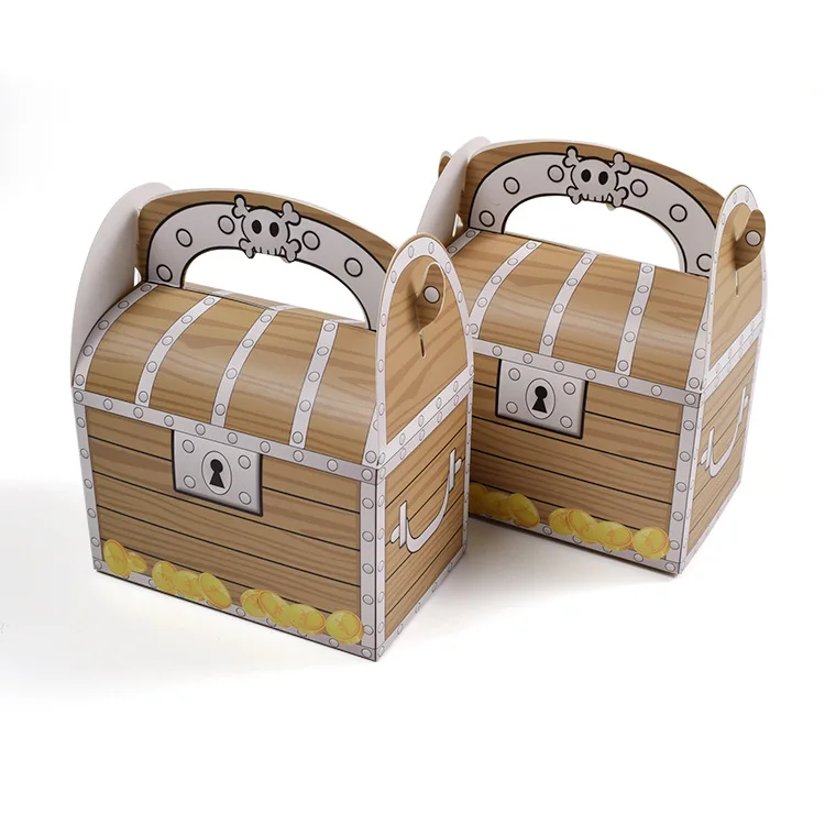 Pirate Treasure Chest Candy Treat Boxes with Handle,Cardboard Goodie Gift Boxes for Kids Birthday,Halloween,Pirate Theme Party