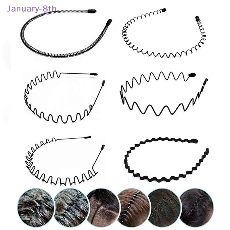 Black Metal Waved Style Hairband para homens e mulheres, antiderrapante, durável, faixa de cabelo unisex, casual adulto Headwear, presente da moda, menino, 6 peças