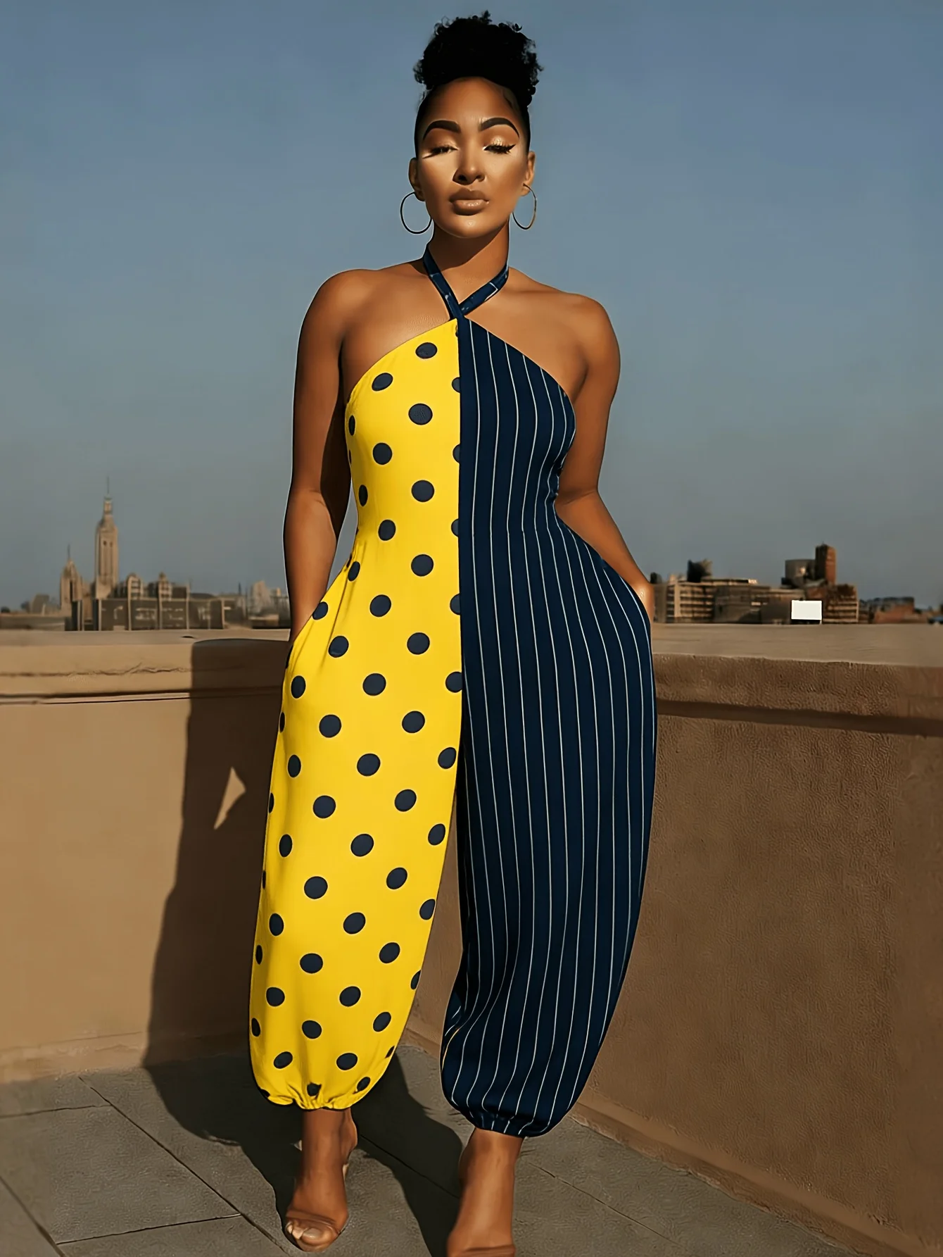 

Модный женский комбинезон с контрастными цветами, асимметричным принтом в горошек и полоску, без рукавов, свободного кроя, с карманами.