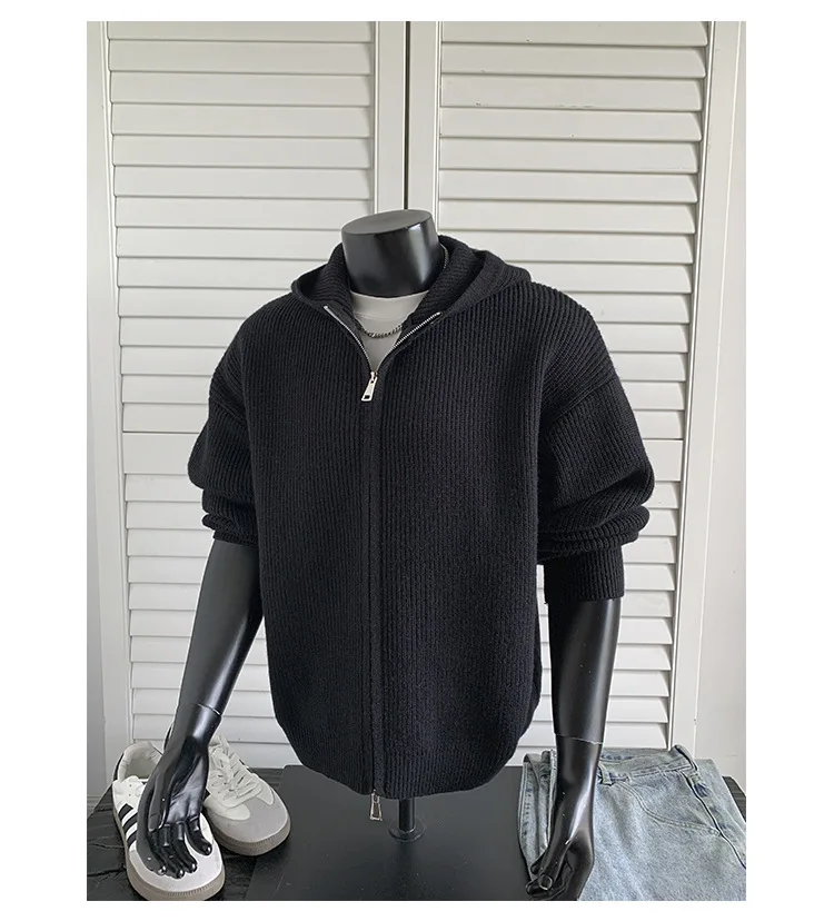2026 New Autumn Winter Simple Solid Color Knitted Hoodie Men Japan Korean Fashion Casual Loose Double Zipper Hooded Jacket