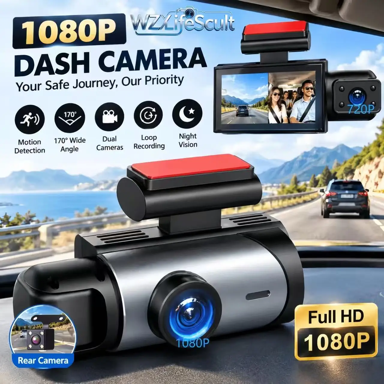 2-Channel Dashcam, 1080p Front Camera + 720p Three-Channel HD In-Car Cameras, Night Vision + WDR (Wide Dynamic Range), G-Sensor Trigger, 24-Hour Parking Mode, Loop Recording