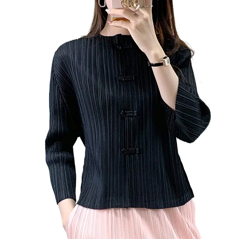 Miyake Geplooide Top Damesjas Herfst Retro Chinese Stijl High-End Lange Mouwen Chinese Stijl Button Up Temperament top