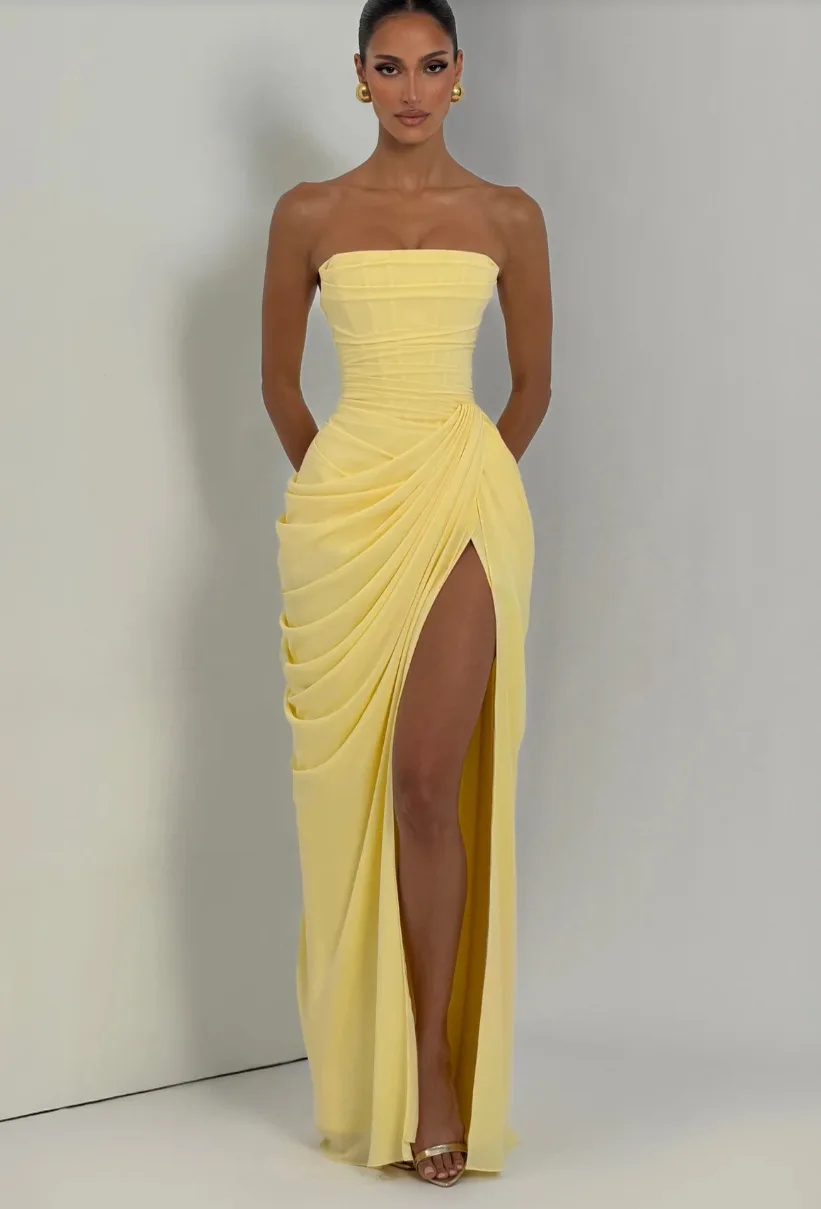 Mingmingxi Spring Summer Yellow Strapless Maxi Dress Ruched High Slit Evening Gown Bodycon Wedding Guest Party Dress Women