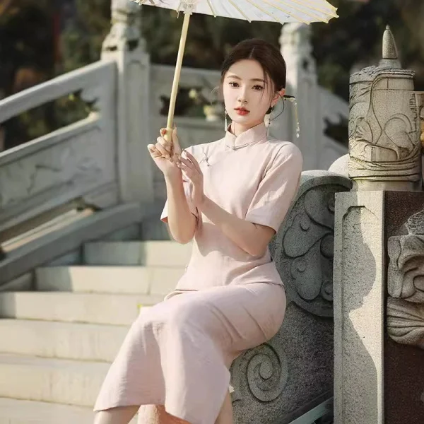 فستان شيونغسام طويل من القطن والكتان باللون الوردي للفتيات لربيع وصيف 2025 فستان أنيق جديد #3