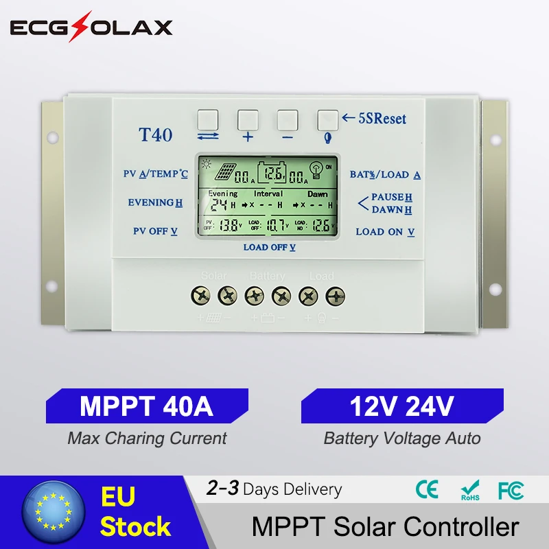 ECGSOLAX 40A MPPT الشمسية جهاز التحكم في الشحن 12 فولت 24 فولت السيارات لوحة طاقة شمسية منظم مع تحميل المزدوج الموقت التحكم PV ماكس 48VDC