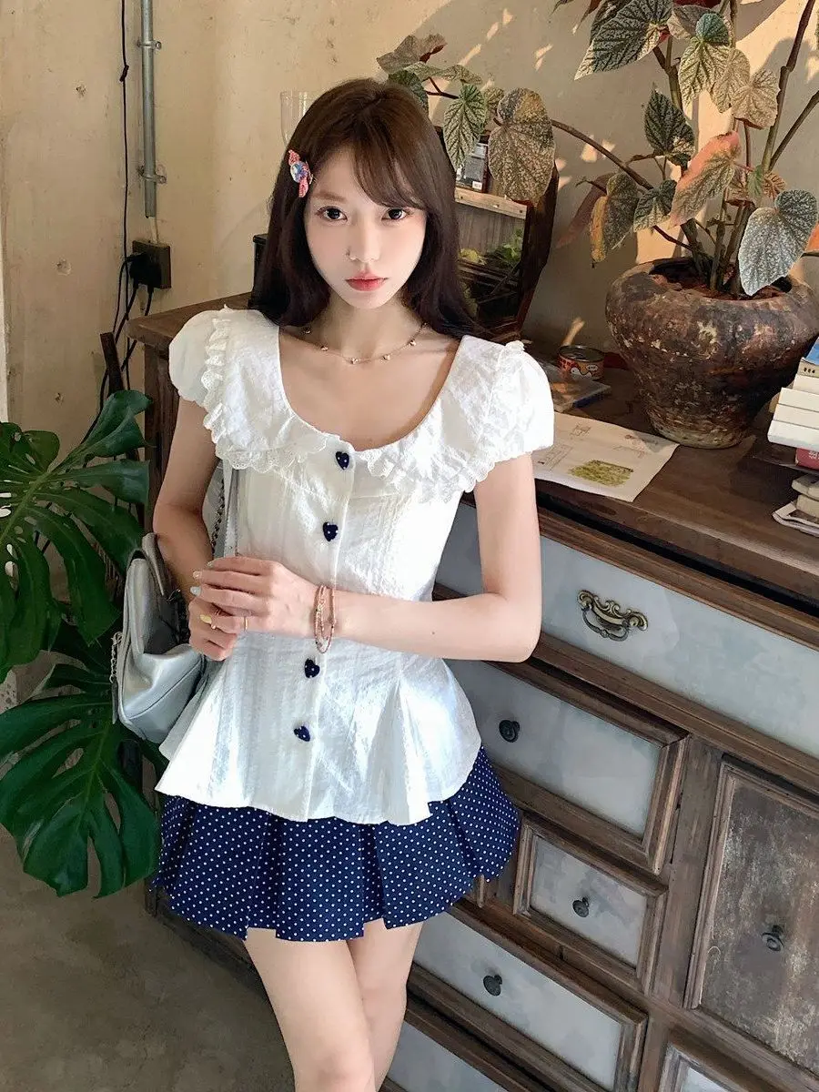 sweet-style-bubble-sleeve-doll-collar-polka-dot-shirt-and-short-skirt-set-slim-fit-two-piece-summer-new-arrival-women's-under
