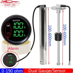 Digital Dual 52mm Gauge with Warning Water Level Meter+Sewage Level Meter for Water Sewage Level Sensor 0-190ohm Boat Car Custom