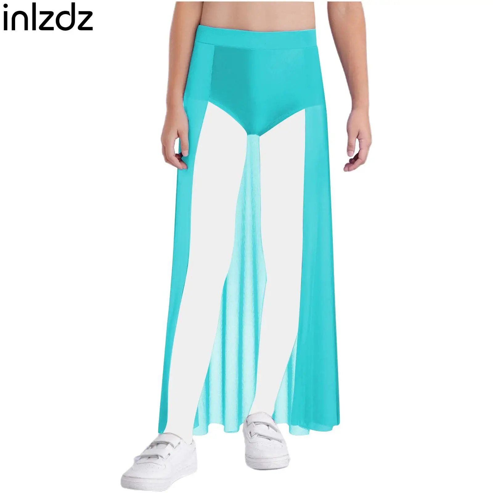 

Child Girls Open Front Lyrical Contemporary Dance Skirts Stretchy Built-in Briefs Ankle Length Skirt Stage Performance Costumes