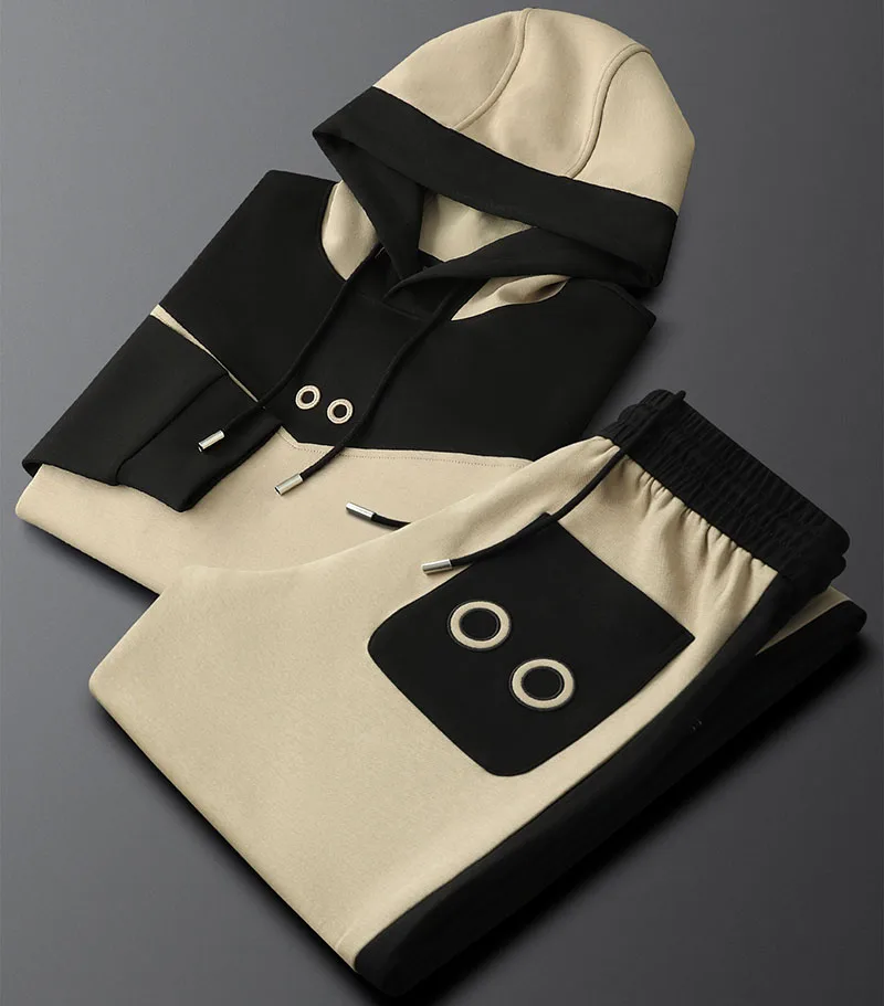 Contrast color splicing hooded sweatshirt suit for men autumn long-sleeved casual sports two-piece thick style