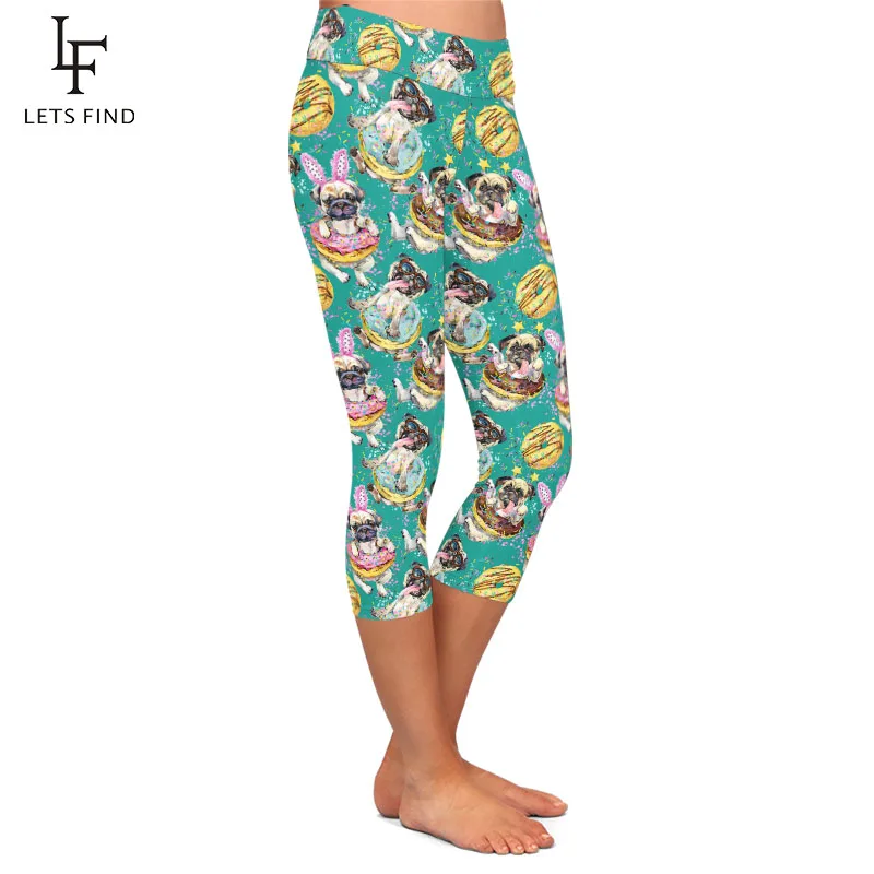 Letsfind Leuke Hond En Donuts Print Vrouwen Capri Leggings Hoge Taille Fitness Elastische Zachte Slanke Leggings