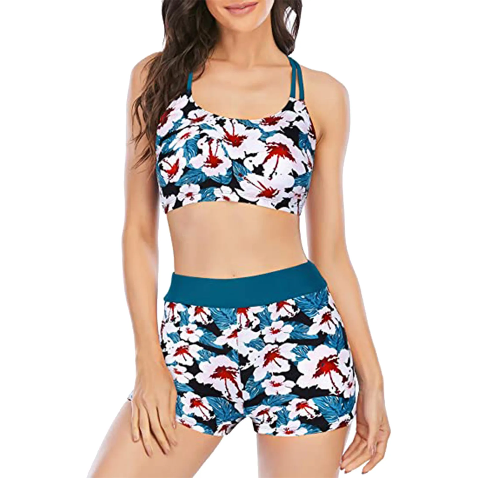 Conjunto de Bikini de cintura alta para Mujer, bañador Sexy con estampado de hojas, traje de baño de dos piezas de realce, Tankini de lujo para playa