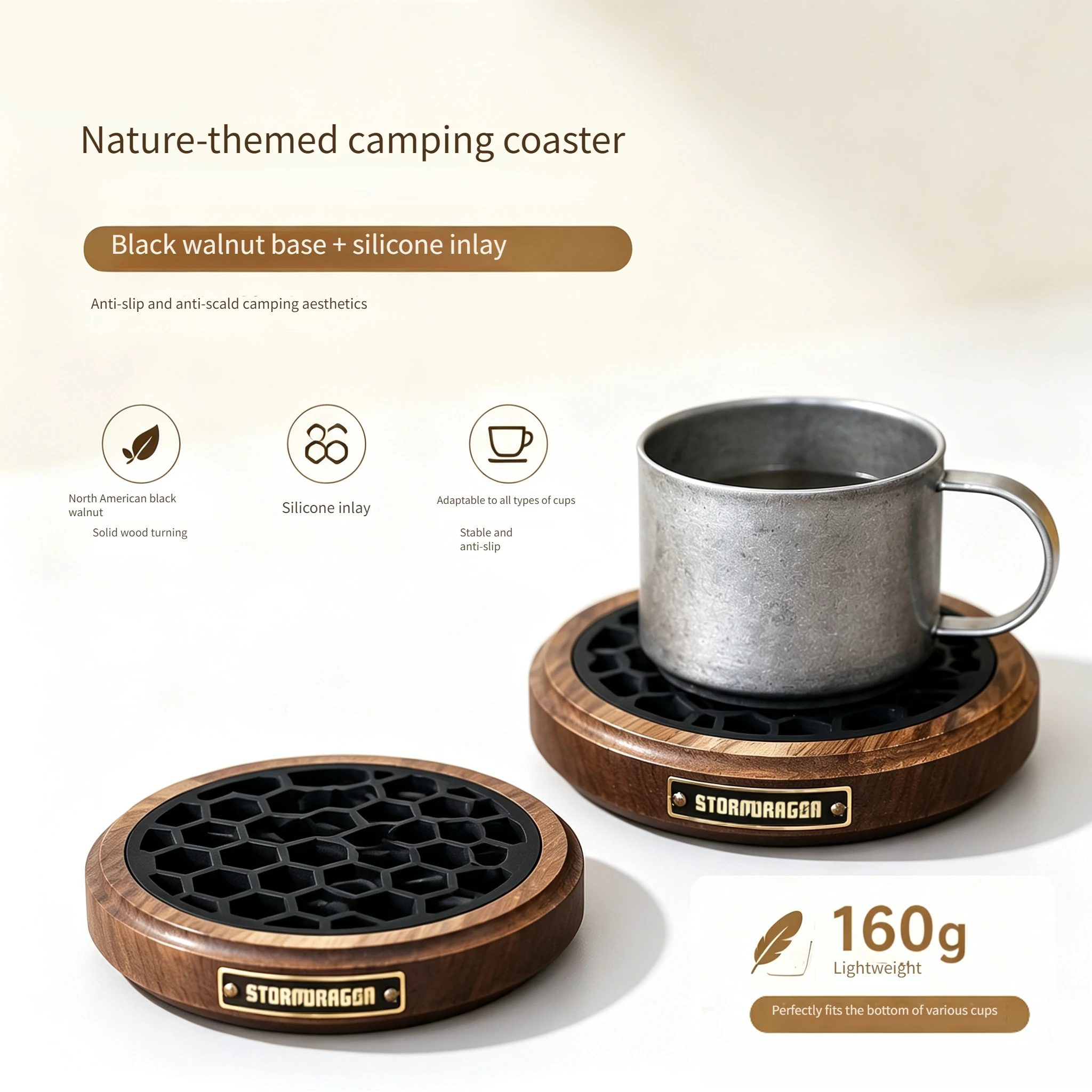 Outdoor Camping Natural-Style Camping Coaster with Black Walnut Wood Base + Silicone Inlay, Lightweight 160g, Non-Slip and Heat-Resistant, Camp Aesthetics