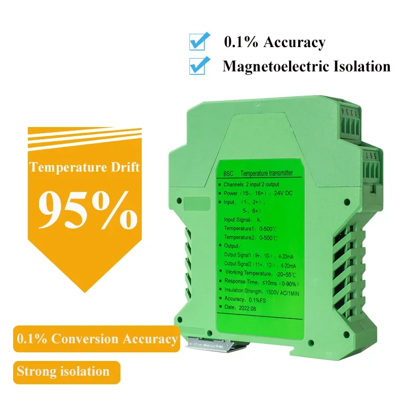 Transmetteur de température thermique à deux sorties, convertisseur de signal de température, rail DIN, PT100, 4-20mA, 0-100 ℃, 0-200 ℃, 2 en 1, 35mm