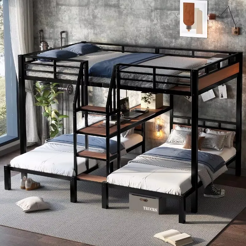 Queen Over Twin Over Twin Metal Bunk Bed Frame with Storage Shelves and Storage Stairs, Triple Metal Bunk Bed, ODM/OEM Available