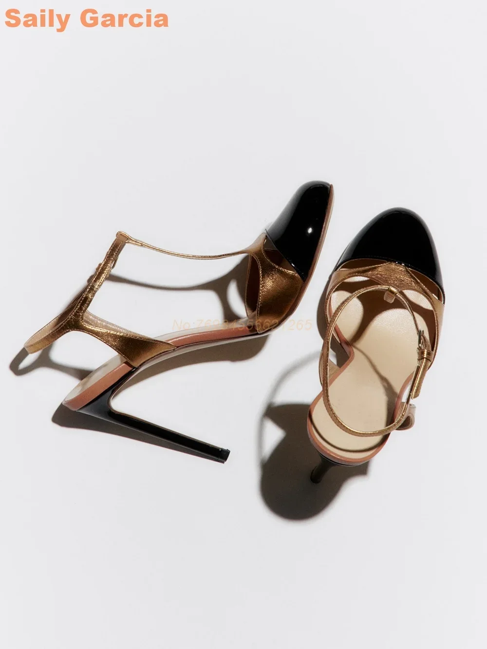 Mixed Color Sandals Splicing Buckle Strap T-strap Thin High Heel Women Shoes Elegant Summer Fashion Gold Daily Shoes Round Toe - Image 6