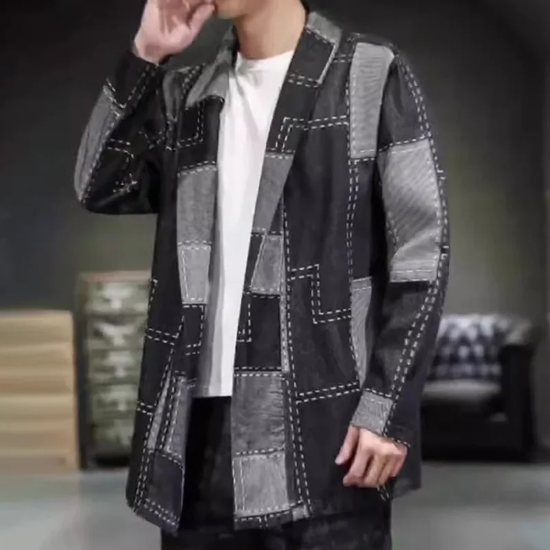 ヴィンテージウォッシュデニム生地,長方形チェック柄,ジャカードソーイングジャケット,ドレス,パンツ,チェック柄スプライス,90cm