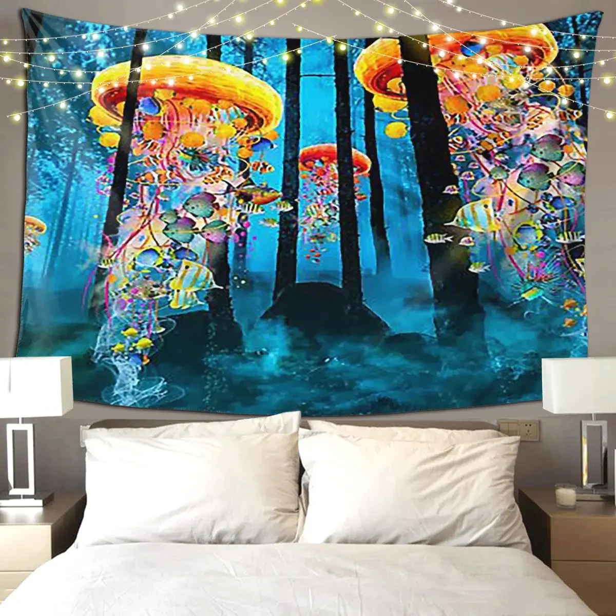 Electric Jellyfish Worlds In A New Forest Tapestry Hippie Wall Hanging Aesthetic Tapestries for Living Room Bedroom Dorm Room